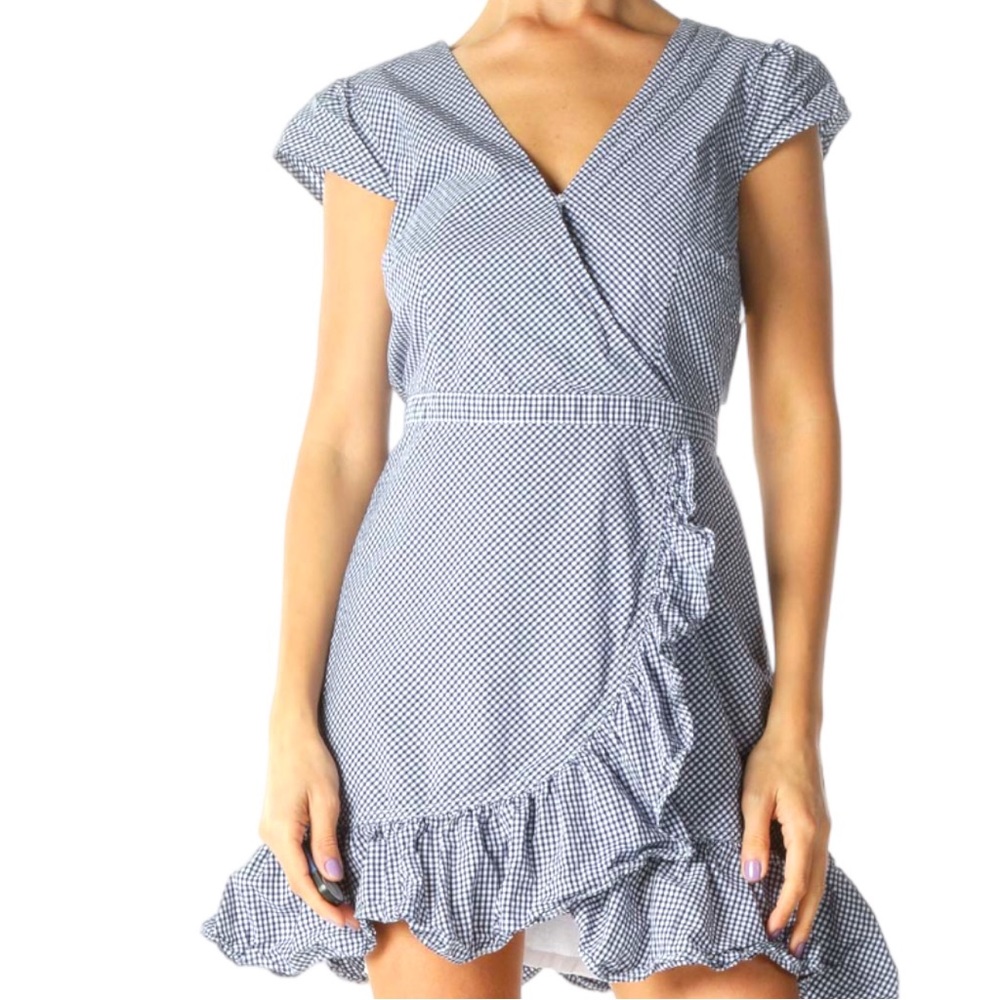 J Crew NWT Blue and White Gingham Plaid Ruffled Cap Sleeve Cotton Day Dress